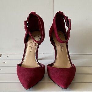 Jessica Simpson “Cayna” Burgundy Pointed Toe Ankle-Strap Heels